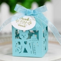 Sky blue laser cut baby bear candy box with ribbon and Thank You tag for party favors - Tiffany Blue