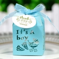 Light blue laser-cut baby shower candy box with It's a Boy text and stroller design - Turquoise Blue