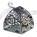 Silver laser-cut hollow rose wedding candy box with elegant black chiffon ribbon bow - Reflective Black