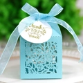 Light blue laser-cut hollow rose wedding candy box with sheer ribbon and Thank You tag - Tiffany Blue