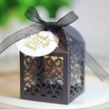 Elegant black laser-cut candy gift box with black ribbon and Thank You gold tag - Black Khaki