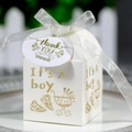 White Baby Boy laser cut favor box with It's A Boy cutout and ribbon decoration - Ivory