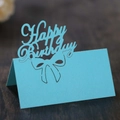 Sky blue laser-cut Happy Birthday place card with hollow butterfly knot on wood - Tiffany Blue