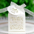 White laser cut wedding favor box with pearl paper texture and white ribbon tag - Ivory