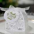 Boîte à bonbons de mariage découpée au laser blanche avec motif rose et étiquette - Blanc (Avec Étiquette de Merci)