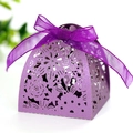 Elegant purple laser-cut wedding favor box with pearl texture, floral bunny motifs and ribbon - Dark Purple