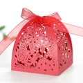 Elegant red laser-cut wedding favor box with a translucent ribbon bow for candy gift - Pearlescent Red