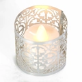 Intricate laser-cut metal lantern with LED flickering candle for home decor and events - Double-Sided Reflective Silver