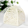 Elegant laser-cut rose gift box in cream white with a delicate white silk ribbon bow - Ivory