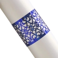 Royal blue laser-cut napkin ring with ornate filigree pattern on white paper roll - Mirror Dark Blue