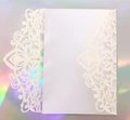 Laser cut white wedding invitation cover with floral mandala design and blank insert card - Glitter Iridescent Ivory