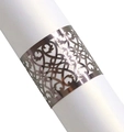 Silver laser-cut napkin ring with intricate floral vine patterns for wedding decor - Mirror Grey