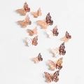 Set de 12 pegatinas de pared de mariposas 3D huecas oro rosa con intrincados patrones láser - Paquete (12 Unidades) / Oro Rosa Espejo