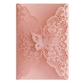 Elegant pink laser-cut butterfly invitation card with intricate floral lace patterns - Pink