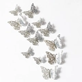Set de 12 pegatinas de pared de mariposas 3D plateadas con intrincados patrones láser florales - Paquete (12 Unidades) / Plata Espejo