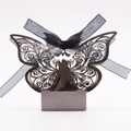 Laser-cut silver butterfly candy box with a black organza ribbon bow for weddings - Mirror Grey