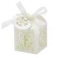 Elegante scatola regalo bianca traforata al laser con croce, nastro e cartellino di ringraziamento - Avorio