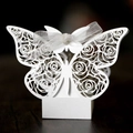 Elegant laser-cut white butterfly candy gift box with rose patterns and silk ribbon bow - 4.5*4.5*8CM / White