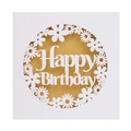 Detail of laser-cut white Happy Birthday card featuring hollow daisy patterns and gold foil - White Outer Shell with Gold Inner Card