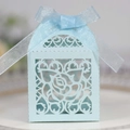 Elegant light blue laser-cut wedding favor box with rose patterns and silk ribbon bow - Pearl Pale Blue
