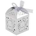 Silver laser cut candy box featuring a cartoon elephant and heart patterns with white ribbon - Mirror Silver
