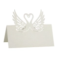 Elegant white pearlescent paper place card with laser-cut swan heart design for weddings - Ivory