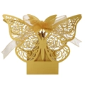 Elegant gold laser-cut rose hollow candy box with matching satin ribbon and butterfly design - 4.5*4.5*8CM / Gold Yellow