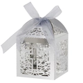 Elegant white laser-cut cross favor box with a light blue ribbon bow for weddings - Mirror Silver