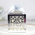 Silver laser-cut wedding favor box with rose pattern and matching silk ribbon bow - Reflective Silver