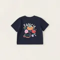 Navy blue kids' cotton T-shirt featuring colorful fruit prints and 'FANCY' lettering - 110 / Navy Blue