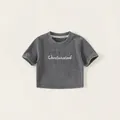 Dunkelgraues Kurzarm-Crop-Top für Mädchen aus gewaschener Baumwolle mit Stickerei - 90 / Grau
