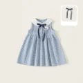 Robe vichy bleue sans manches pour fille avec col Claudine et accessoire de cheveux assorti - 80 / Carreaux Bleus