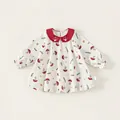 Beiges Mädchen Langarmkleid mit roter Pilzstickerei und Peter Pan Kragen - Creme Blumendruck / 120