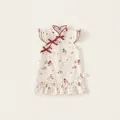 Robe beige à fleurs pour filles avec motifs de baies rouges et détails de nœuds - Abricot / 73