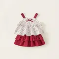 Floral red and white girls' two-piece set featuring a bow-knot strap top and layered skirt - Red / 80