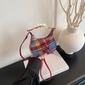 Mini plaid wool handbag with red leather trim and delicate lace on the handle - Blue Checkered