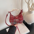 Mini red plaid wool handbag with leather bows and lace trim detail for girls - Red Checkered
