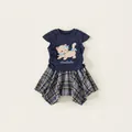 Girls summer set with navy cat print top and asymmetric plaid pleated skirt - 80 / Top And Bottom / Navy Blue