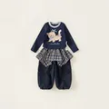 Girls dark blue long sleeve two-piece set with cat print and plaid skirt detail - Top And Bottom / 2 Piece Set (Spring Autumn Style) / Navy Blue / 80