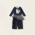 Girls navy blue long sleeve t-shirt and wide leg cargo pants with plaid skirt trim - Top And Bottom / Navy Blue (Upgraded Style) / 80