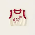 Knitted vest in cream with red ruffles and cute cartoon bear holding heart balloon - 80 / Off-white