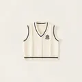 Gilet in maglia crema per ragazzi con scollo a V, motivo a trecce e stemma stile college - 80 / Bianco Sporco