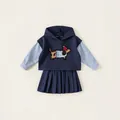 Ensemble fille avec haut à capuche bleu marine, jupe plissée et broderie chiot - Bleu Marine / 100
