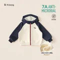 Kinderjack met capuchon in marineblauw en beige met rits en warme fleecevoering - 80 / Top (Met Fleece Gevoerd) / Marine & Gebroken Wit