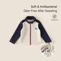 Kinder hoodie van fleece in beige en marineblauw met hondenborduurwerk en rode rits - Tops / Marine/Gebroken Wit (Fleece Opstaande Kraag) / 80