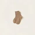 Mesh knit cotton girls mid-calf socks with ruffle trim in earth tone light brown - S / Khaki