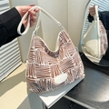 Minimalist striped large tote bag with brown pattern and adjustable white shoulder strap - Red