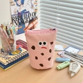 Rosafarbene Canvas-Federtasche mit süßer Keks-Stickerei und vertikalem Design - Rosa