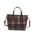 Brown plaid canvas tote bag with cute dog embroidery and adjustable crossbody strap - Dark Brown