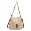 Sac seau beige chic avec bordure en cuir marron et foulard décoratif en soie imprimé léopard - Brun Clair